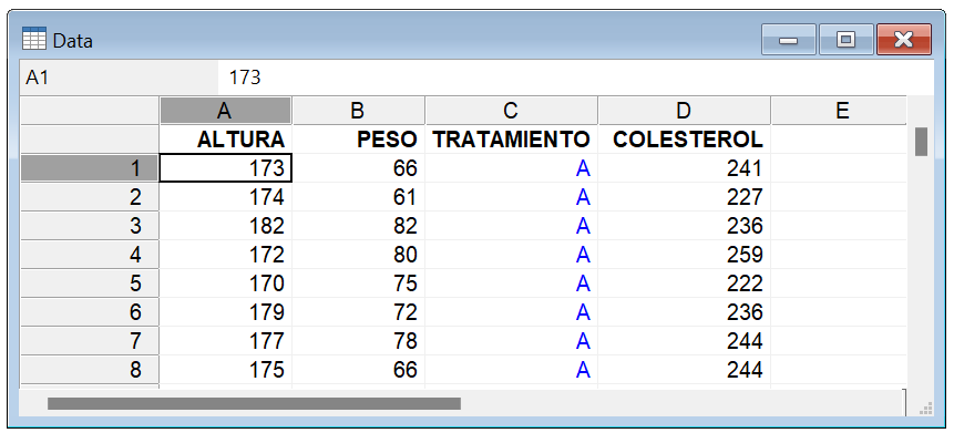 Ventana de la hoja de cálculo de MedCalc